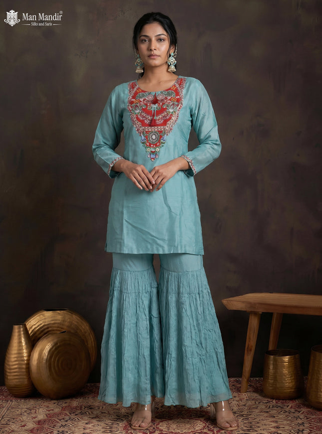 Rama Green Silk Sharara Salwar Suit