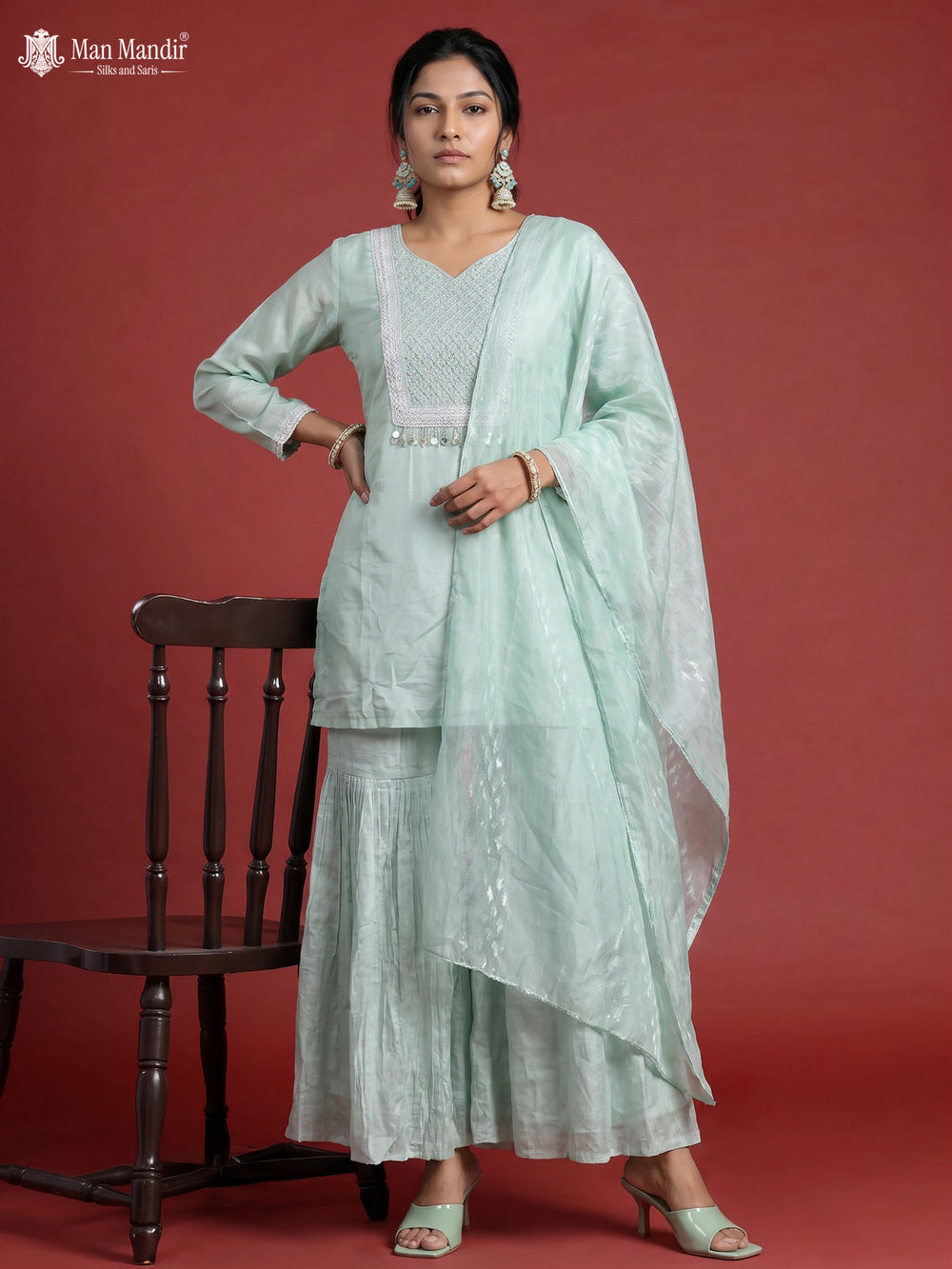 Pista Green Silk Sharara Salwar Suit