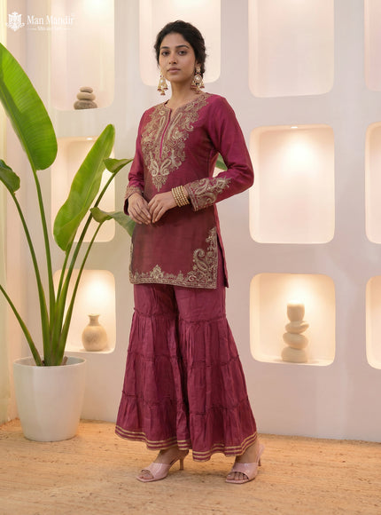 Magenta - Brown Silk Sharara Salwar Suit