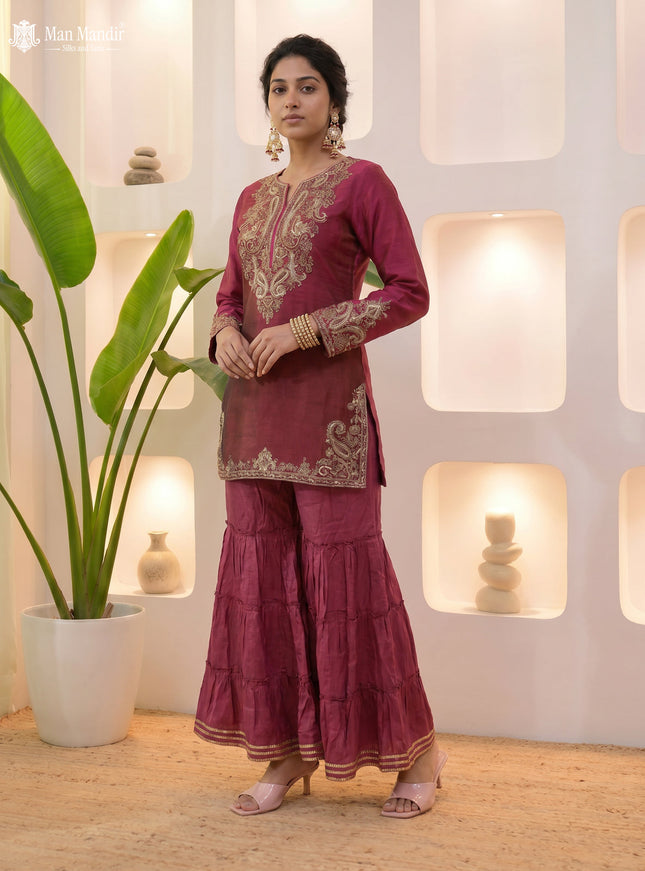 Magenta - Brown Silk Sharara Salwar Suit