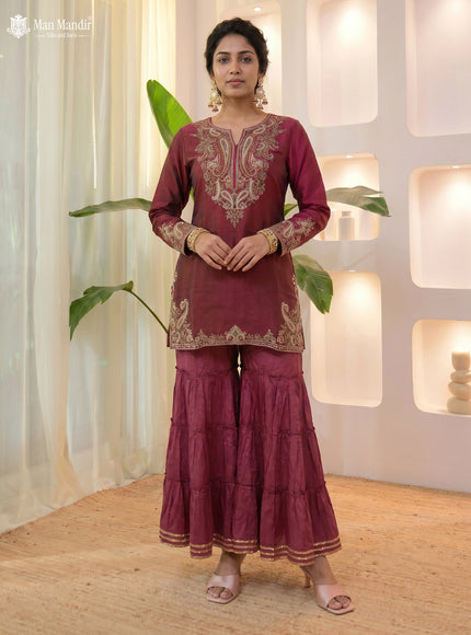 Magenta - Brown Silk Sharara Salwar Suit