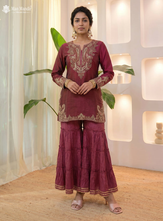 Magenta - Brown Silk Sharara Salwar Suit