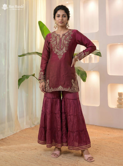 Magenta - Brown Silk Sharara Salwar Suit