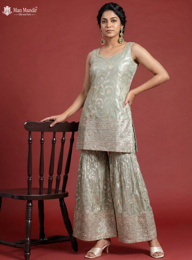 Pastel Green Silk Sharara Silk Saree