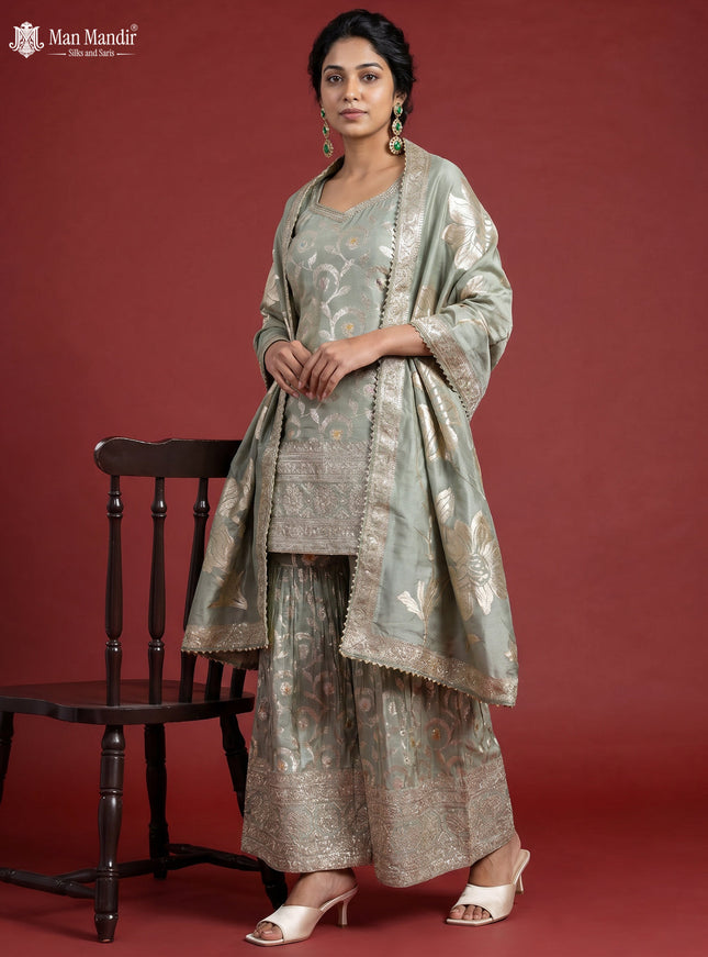 Pastel Green Silk Sharara Silk Saree