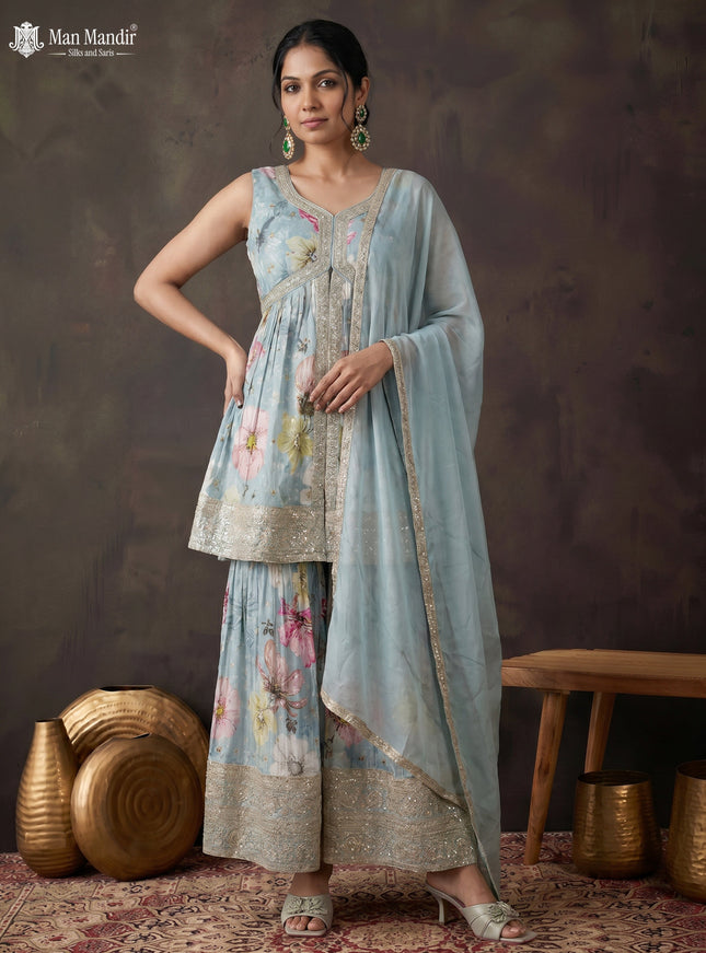 Pastel Blue Silk Sharara Silk Saree