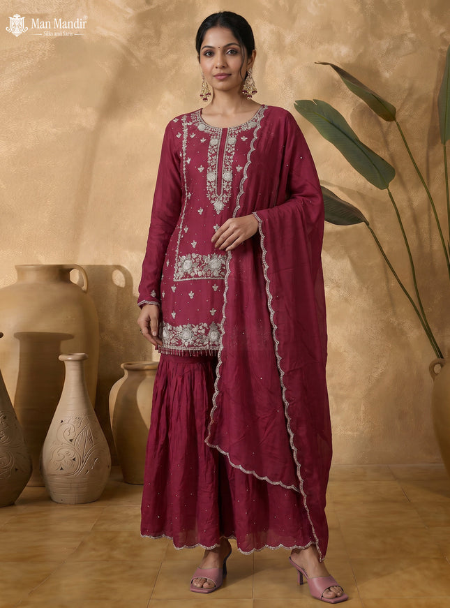 Maroon Silk Sharara Salwar Suit