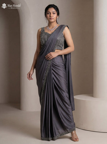 Grey Satin Crape Pre Draped Saree With Embroidered Blouse & Hip Belt