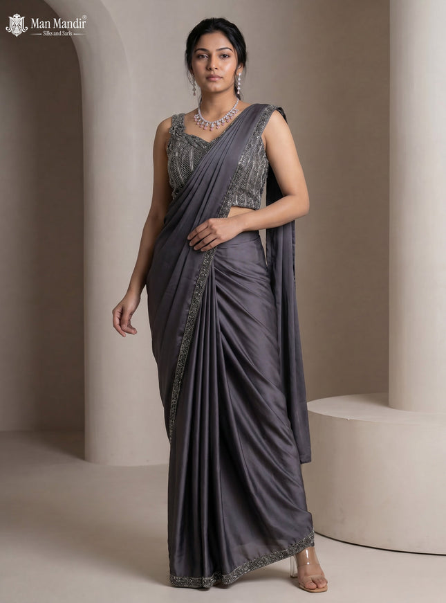 Grey Satin Crepe Pre Draped Saree With Embroidered Blouse & Hip Belt
