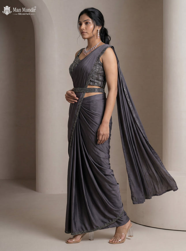 Grey Satin Crepe Pre Draped Saree With Embroidered Blouse & Hip Belt