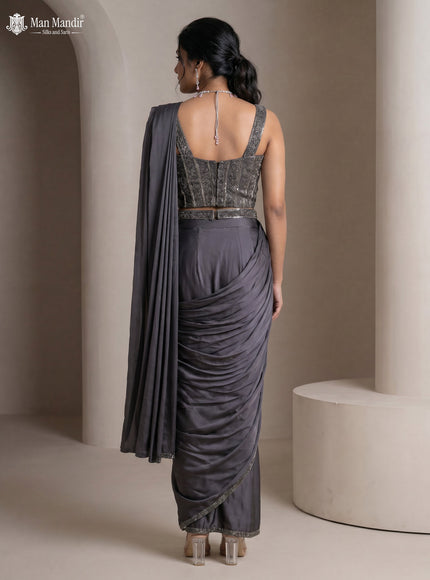 Grey Satin Crape Pre Draped Saree With Embroidered Blouse & Hip Belt