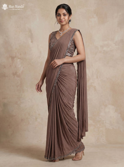 Pastel Brown Satin Crape Pre Draped Saree With Embroidered Blouse