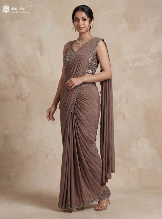 Pastel Brown Satin Crepe Pre Draped Saree With Embroidered Blouse