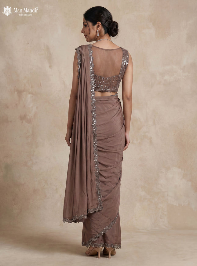Pastel Brown Satin Crepe Pre Draped Saree With Embroidered Blouse