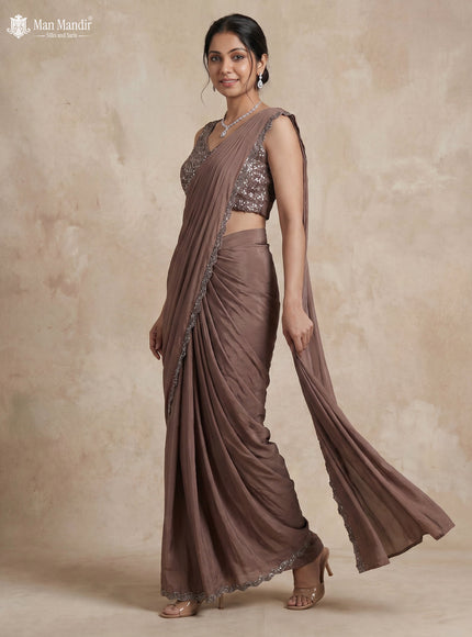 Pastel Brown Satin Crape Pre Draped Saree With Embroidered Blouse