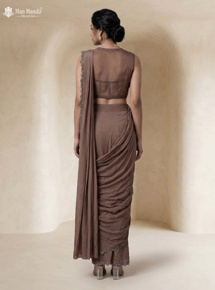 Light Brown Satin Crape Pre Draped Saree With Embroidered Blouse