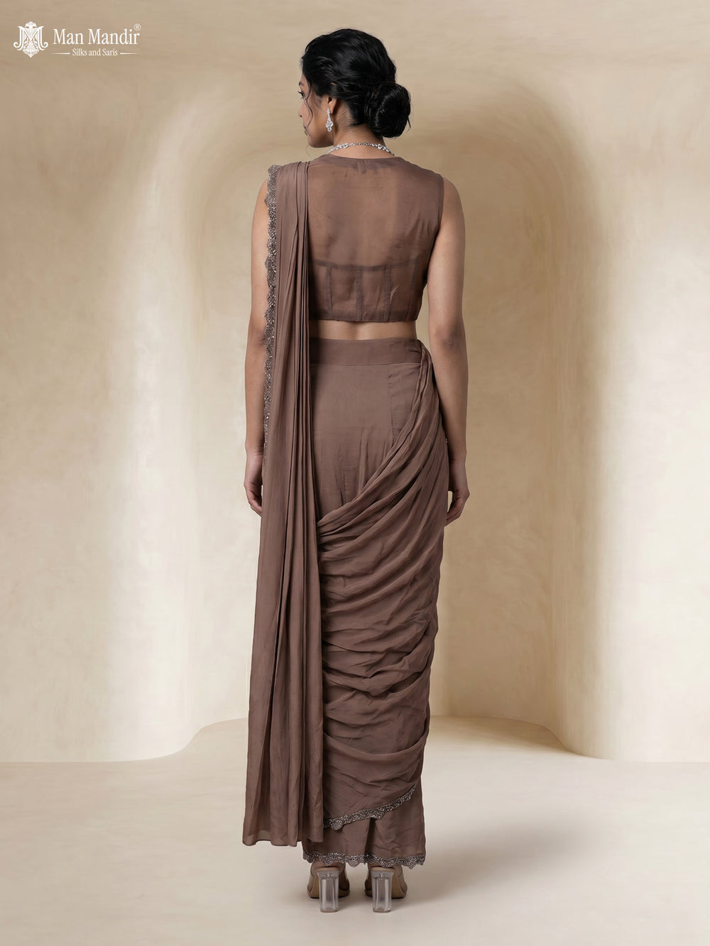 Light Brown Satin Crepe Pre Draped Saree With Embroidered Blouse