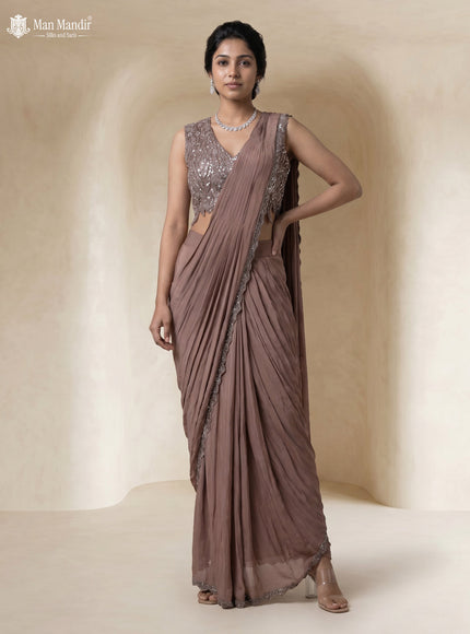 Light Brown Satin Crape Pre Draped Saree With Embroidered Blouse