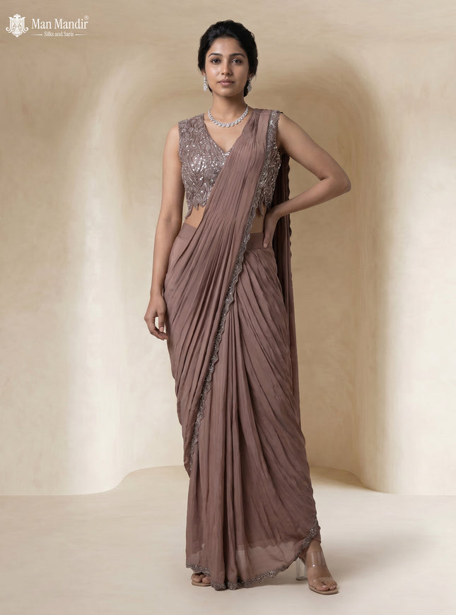 Light Brown Satin Crape Pre Draped Saree With Embroidered Blouse