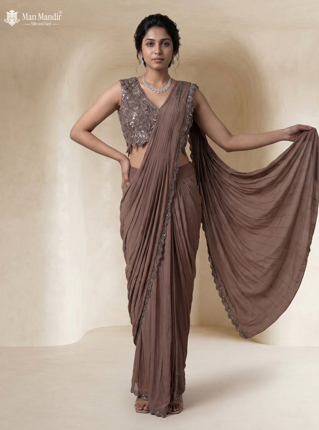 Light Brown Satin Crape Pre Draped Saree With Embroidered Blouse