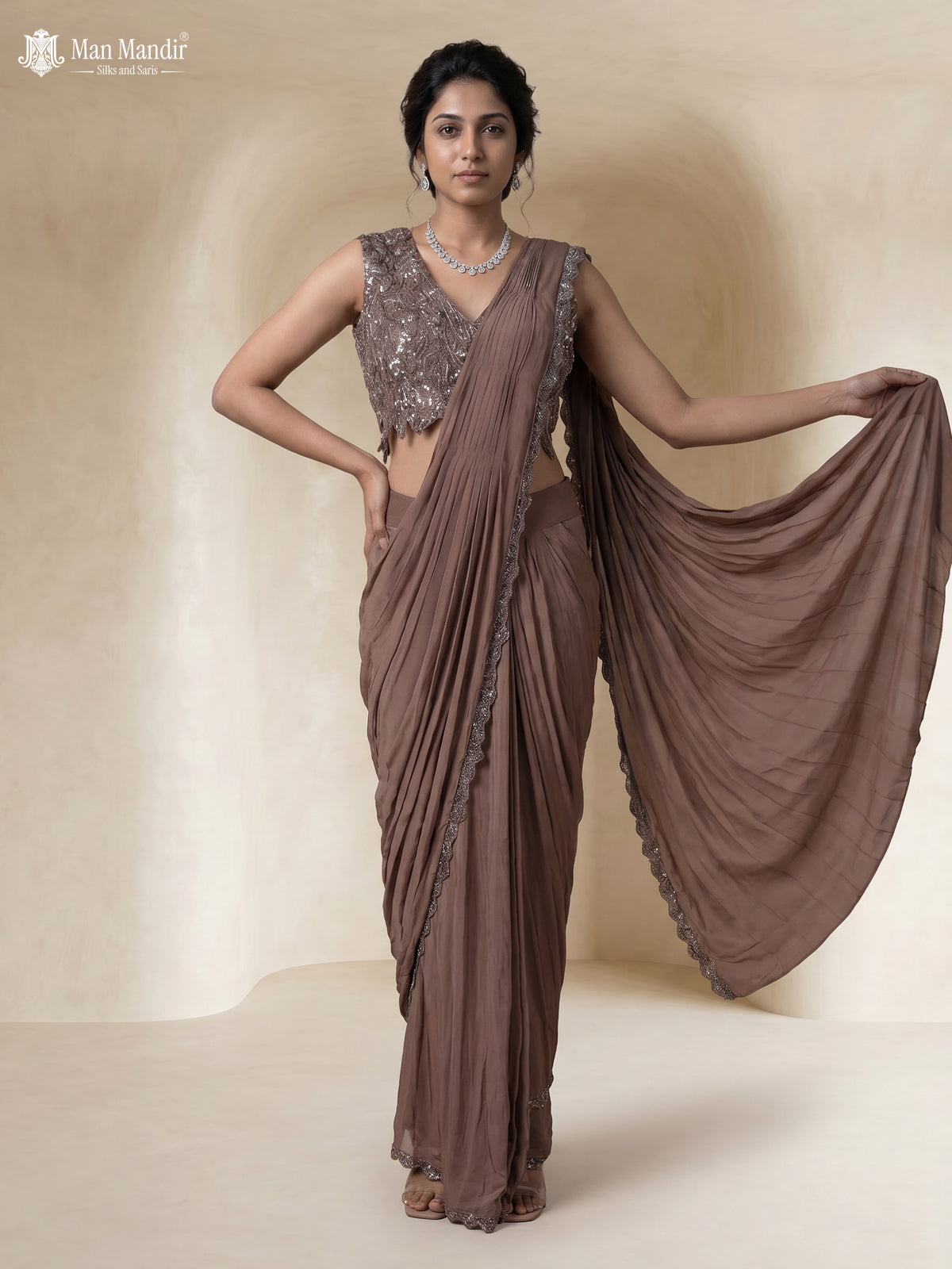Light Brown Satin Crepe Pre Draped Saree With Embroidered Blouse
