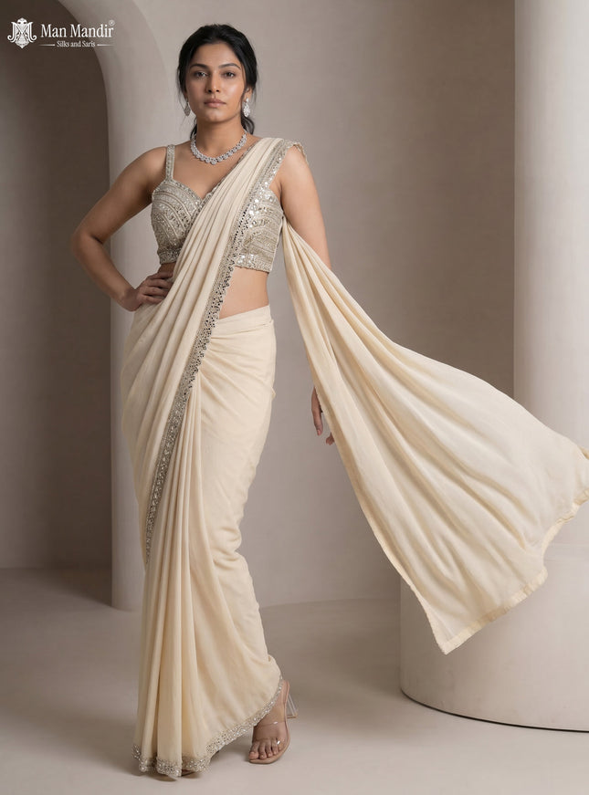 Beige Georgette Pre Draped Saree With Mirror Embroidered Blouse