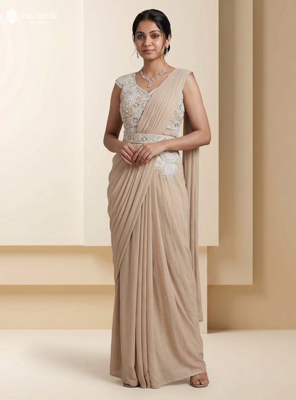 Beige Georgette Pre Draped Saree With Embroidered Blouse & Hip Belt