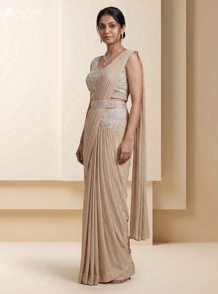 Beige Georgette Pre Draped Saree With Embroidered Blouse & Hip Belt