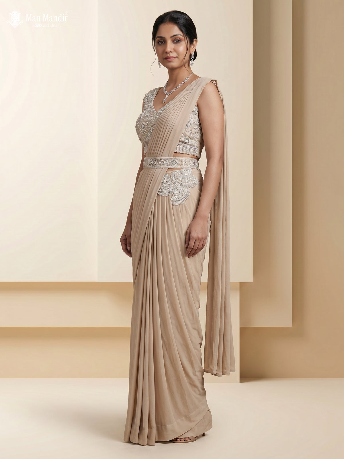 Beige Georgette Pre Draped Saree With Embroidered Blouse & Hip Belt