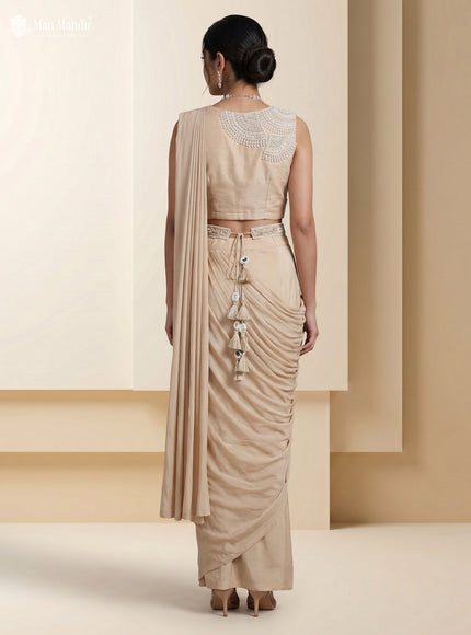 Beige Georgette Pre Draped Saree With Embroidered Blouse & Hip Belt