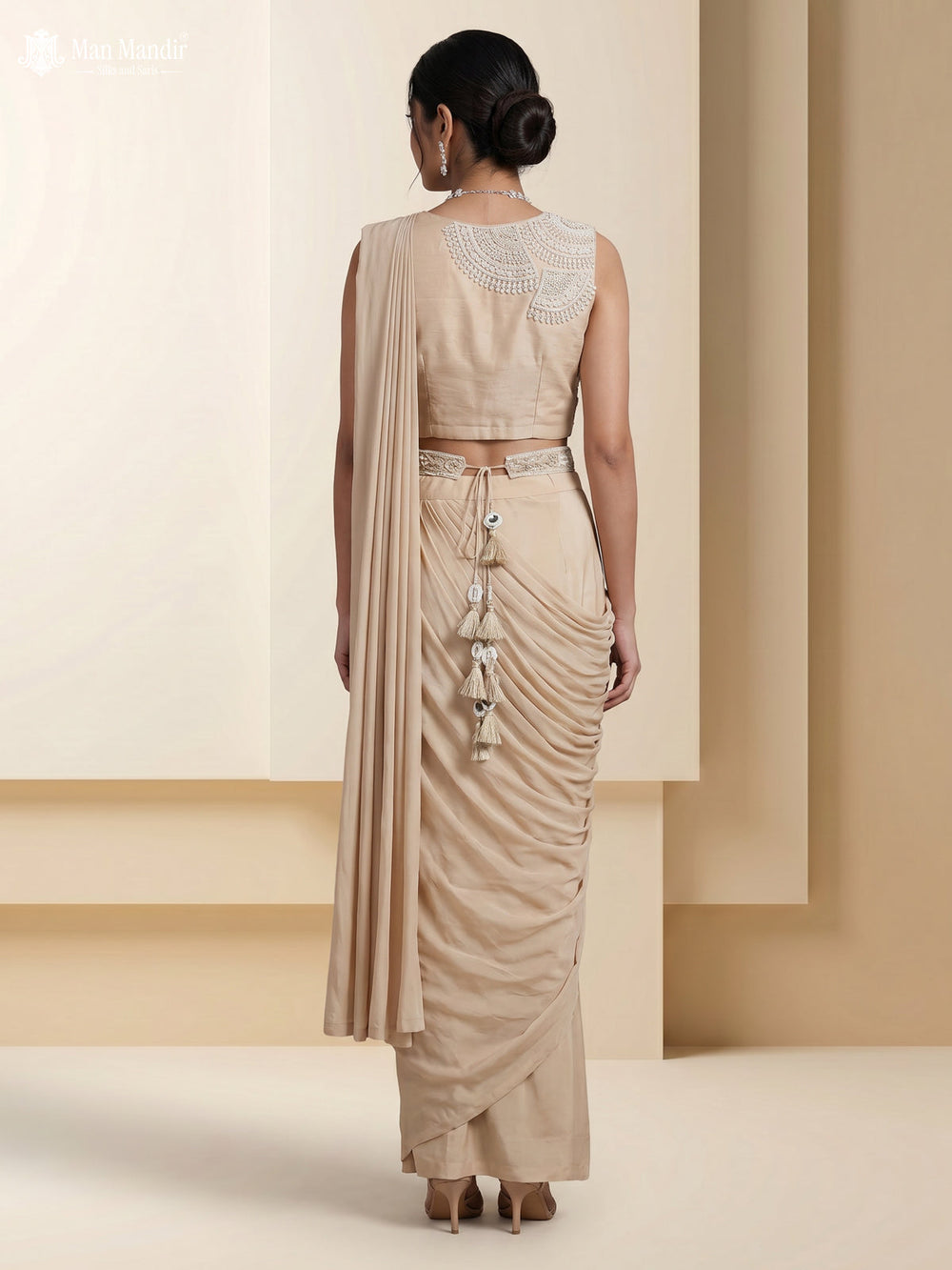 Beige Georgette Pre Draped Saree With Embroidered Blouse & Hip Belt