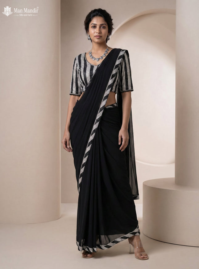 Black Georgette Pre Draped Saree With Embroidered Blouse
