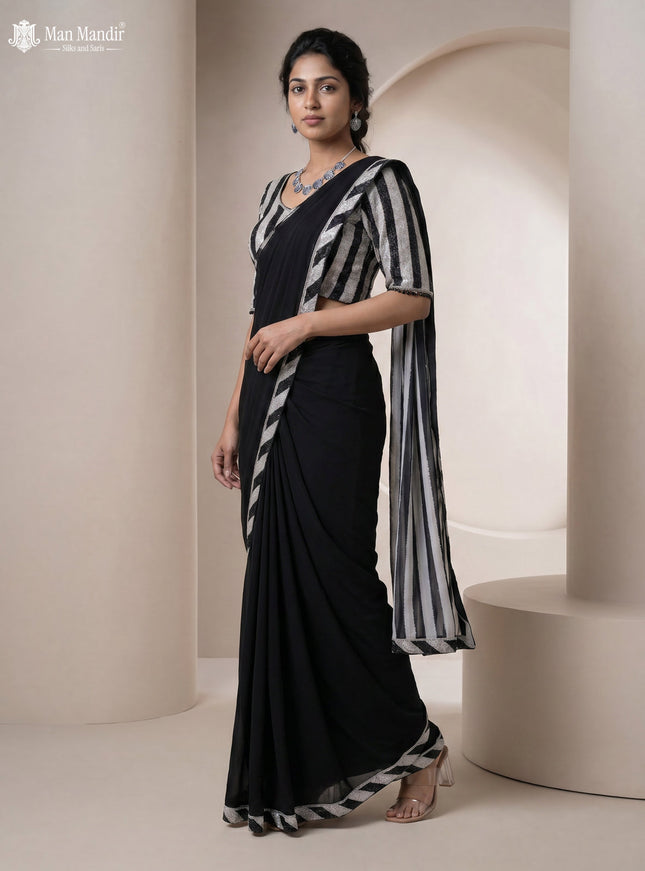 Black Georgette Pre Draped Saree With Embroidered Blouse