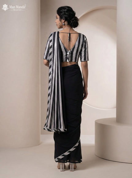 Black Georgette Pre Draped Saree With Embroidered Blouse