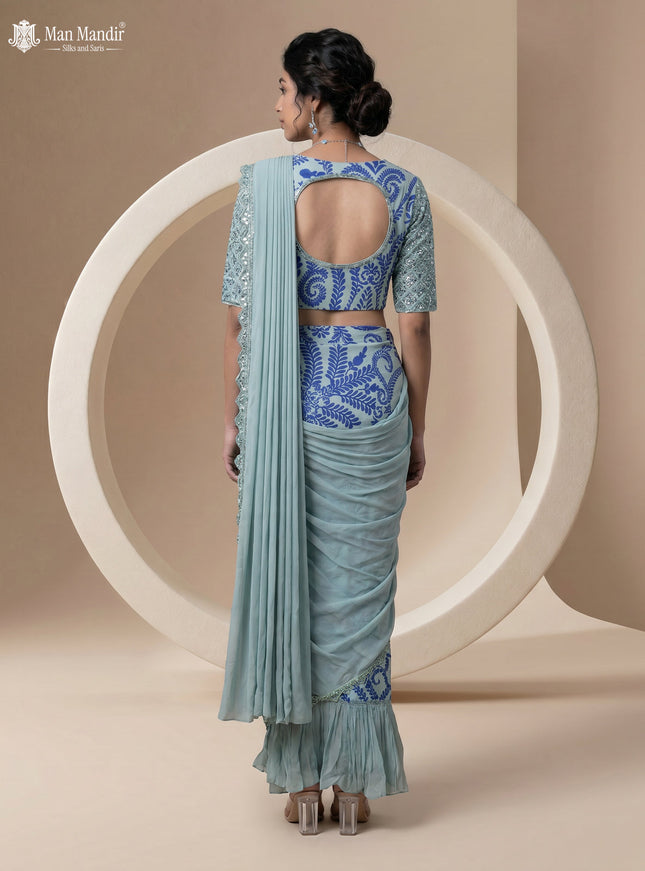 Pista Green Georgette Pre Draped Saree With Embroidered Blouse