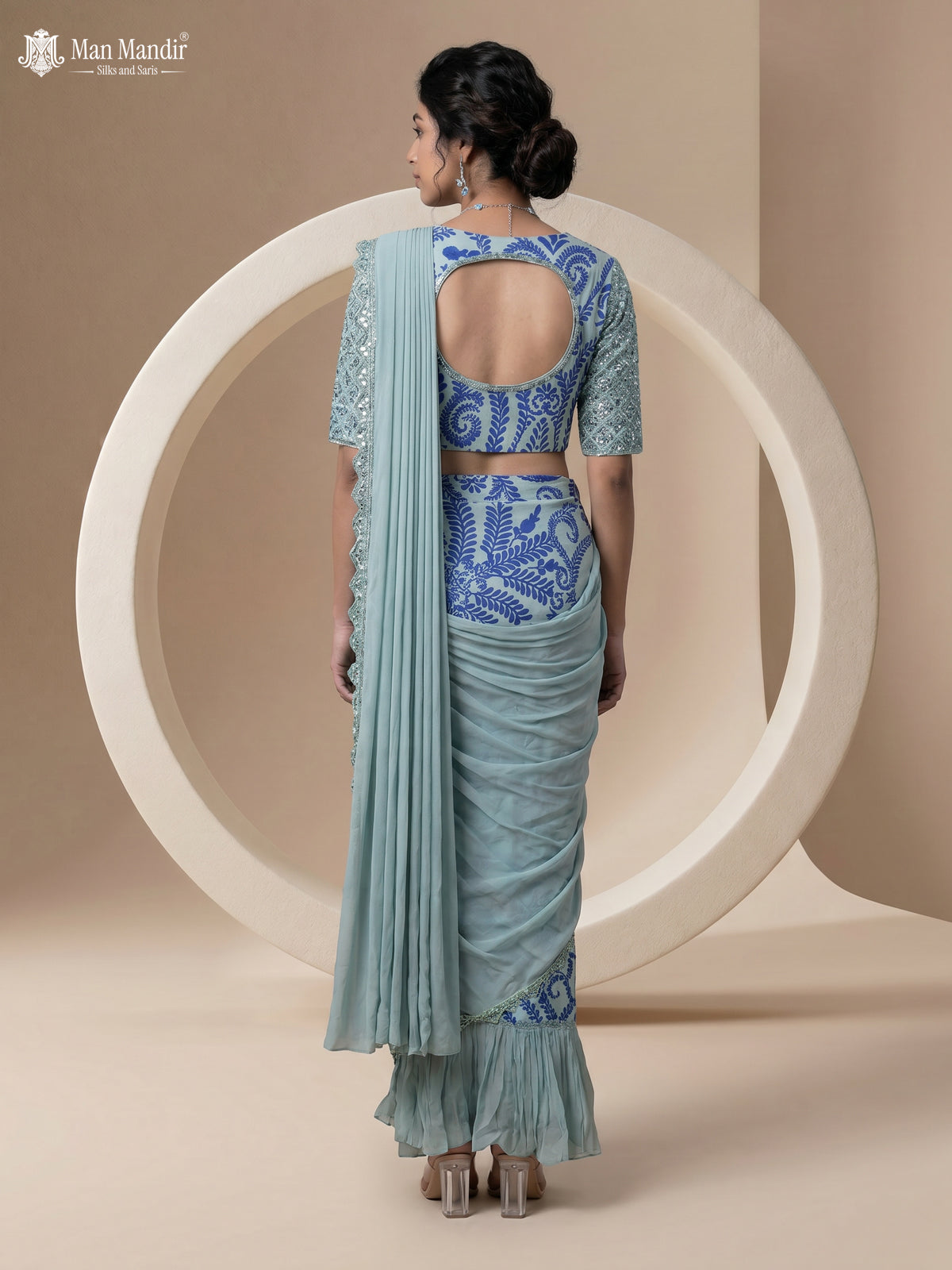 Pista Green Georgette Pre Draped Saree With Embroidered Blouse