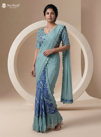 Pista Green Georgette Pre Draped Saree With Embroidered Blouse