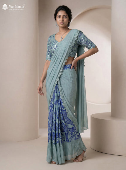Pista Green Georgette Pre Draped Saree With Embroidered Blouse