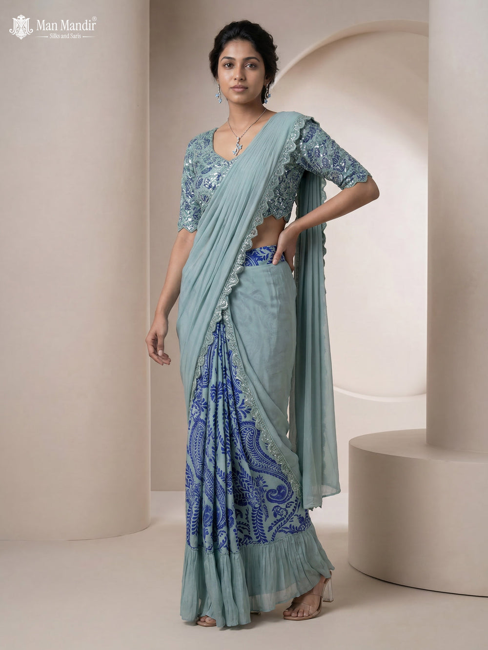 Pista Green Georgette Pre Draped Saree With Embroidered Blouse