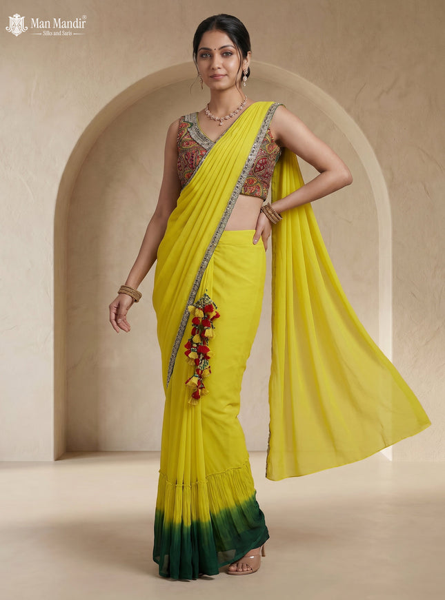 Lime Yellow-Bottle Green Georgette Pre Draped Saree