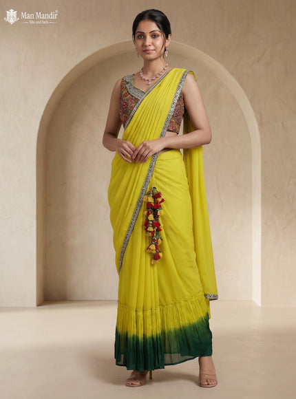 Lime Yellow-Bottle Green Georgette Pre Draped Saree