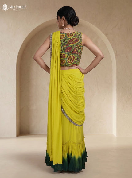Lime Yellow-Bottle Green Georgette Pre Draped Saree