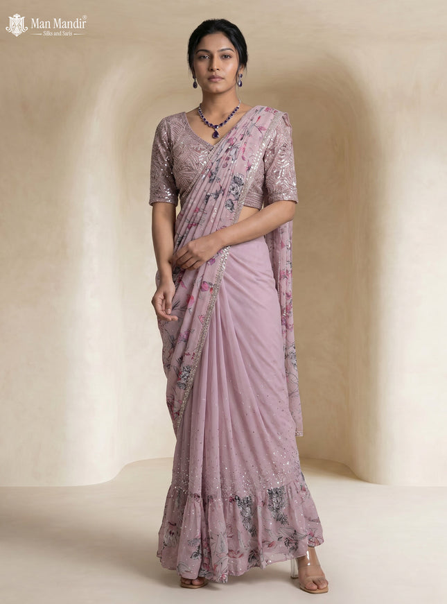 Lavender Georgette Pre Draped Saree With Embroidered Blouse