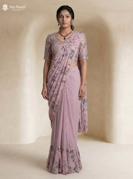 Lavender Georgette Pre Draped Saree With Embroidered Blouse