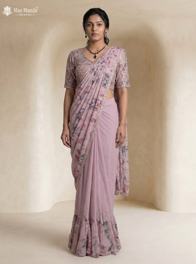 Lavender Georgette Pre Draped Saree With Embroidered Blouse