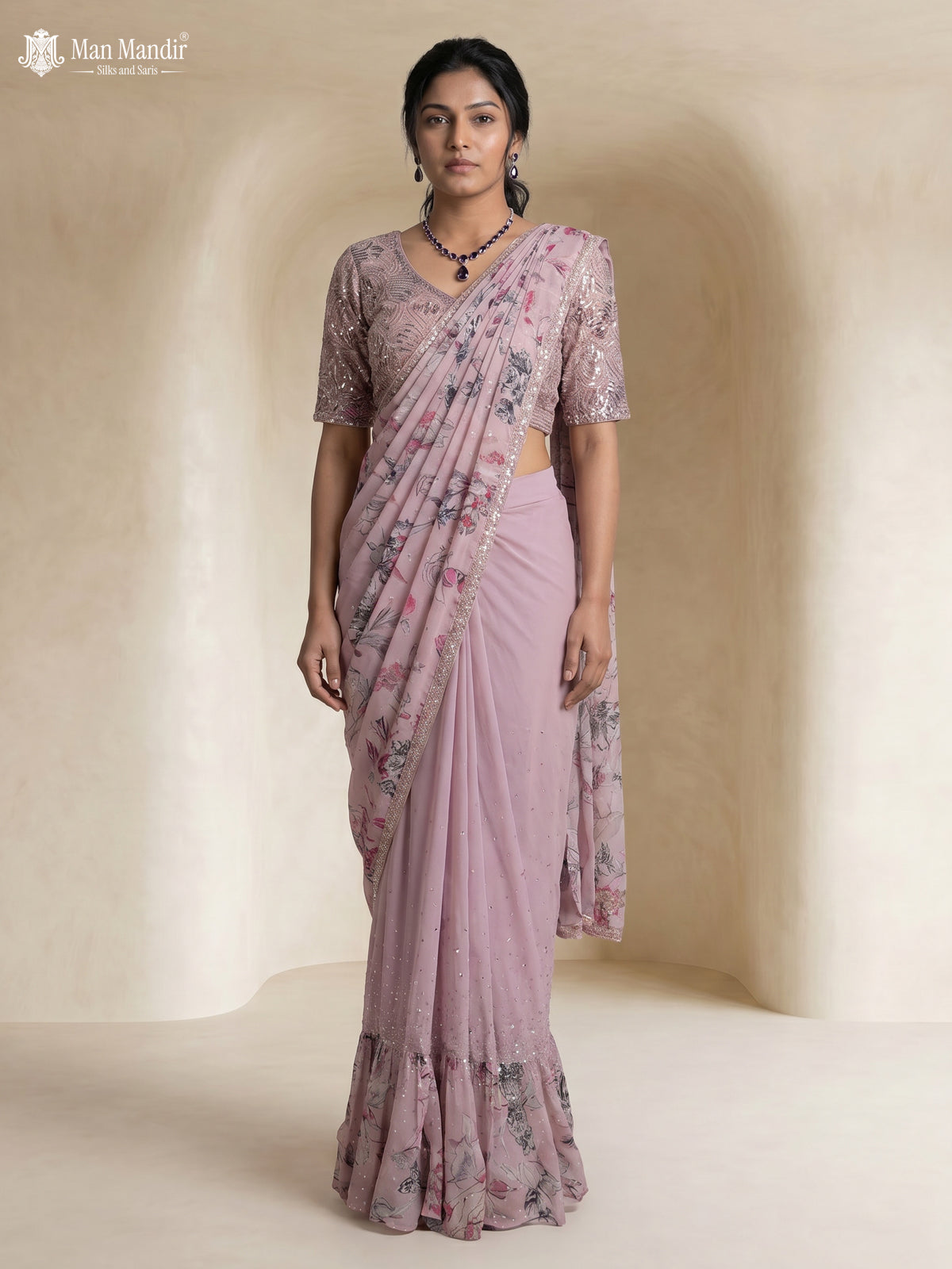 Lavender Georgette Pre Draped Saree With Embroidered Blouse