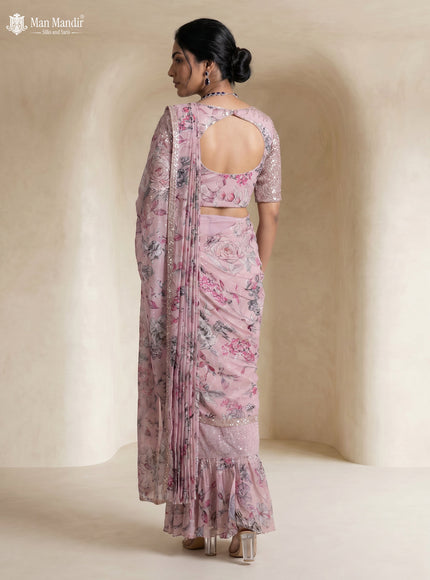 Lavender Georgette Pre Draped Saree With Embroidered Blouse