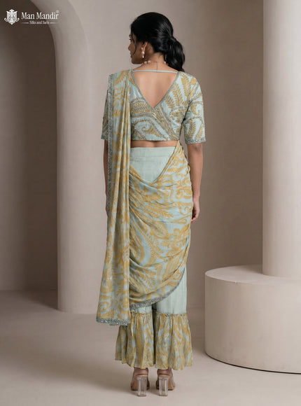 Powder Blue Pre Draped Saree With Embroidered Blouse