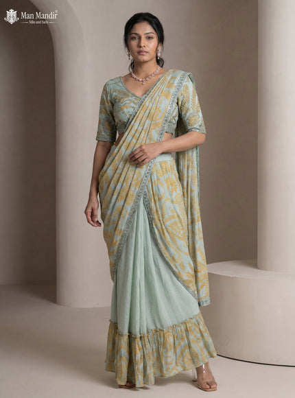 Powder Blue Pre Draped Saree With Embroidered Blouse