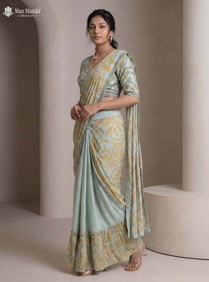 Powder Blue Pre Draped Saree With Embroidered Blouse